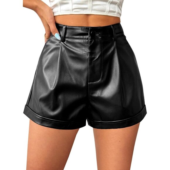 Women's Black Faux Leather High Waisted Pleated Casual Pull On Summer Shorts - Picture 4 of 7